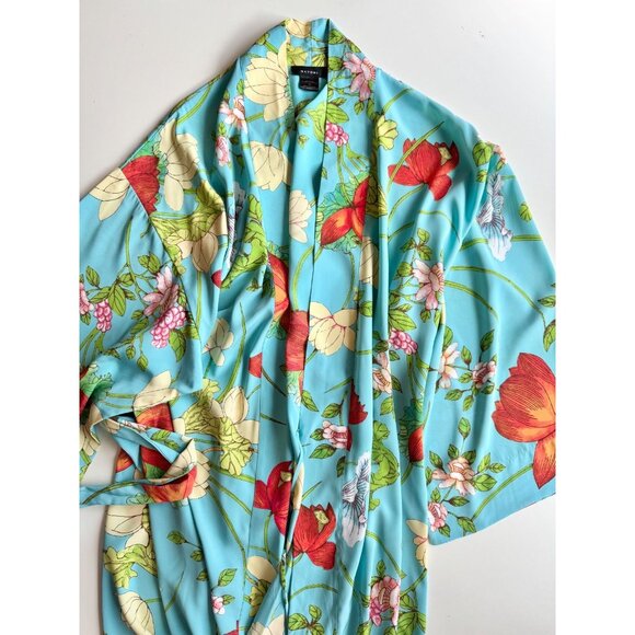 NWOT NATORI Turquoise Blue Floral Matte Satin Kimono Robe, Size M - Picture 5 of 13